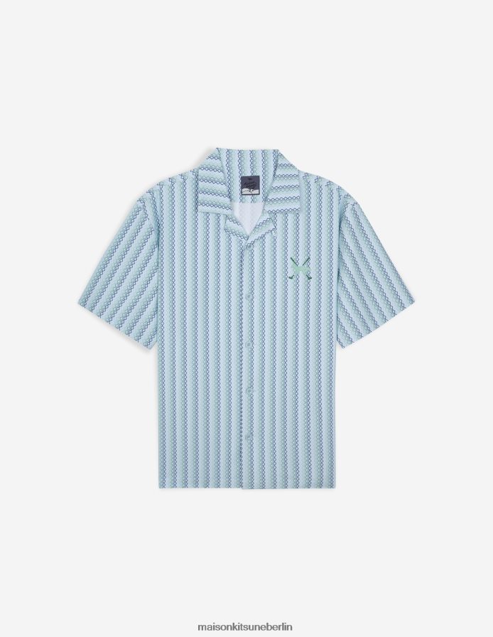 Kleidung V2DHL458 Himmelblau Frauen Profile Fox Diamantstreifen-Kurzarmshirt Maison Kitsune