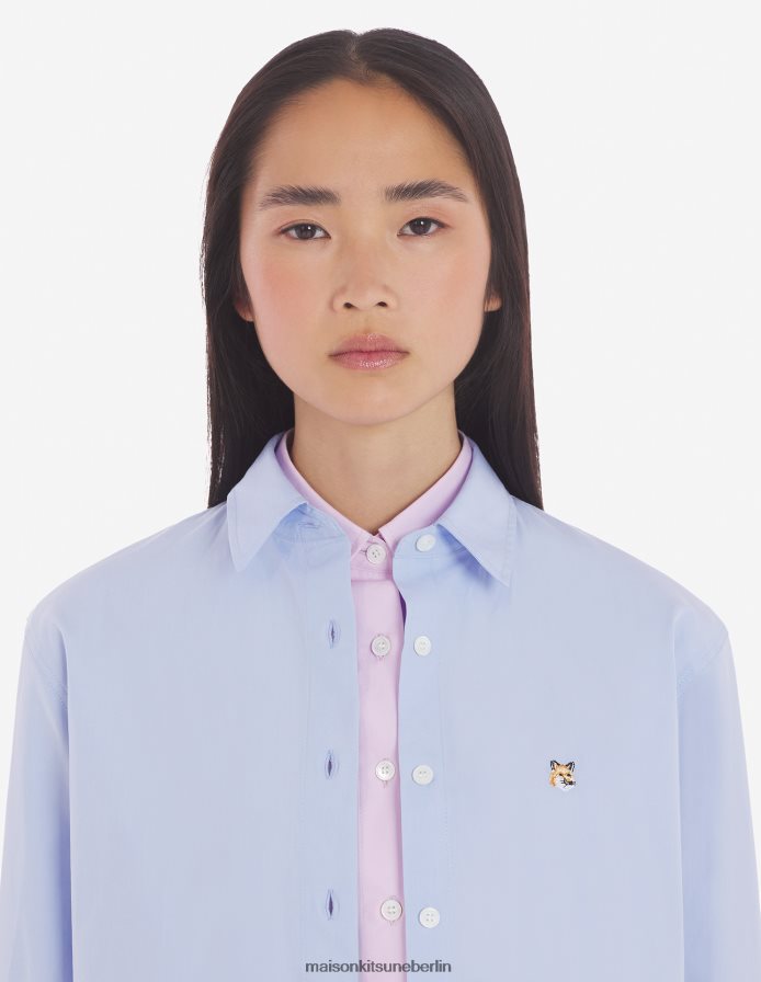 Kleidung V2DHL459 hellblau Frauen Klassisches Hemd mit Fuchskopf-Stickerei Maison Kitsune