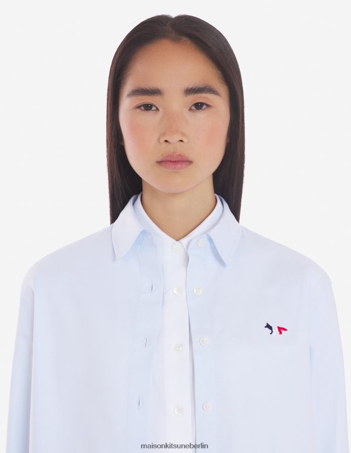 Kleidung V2DHL462 hellblau Frauen Klassisches Hemd mit dreifarbigem Fuchs-Patch Maison Kitsune
