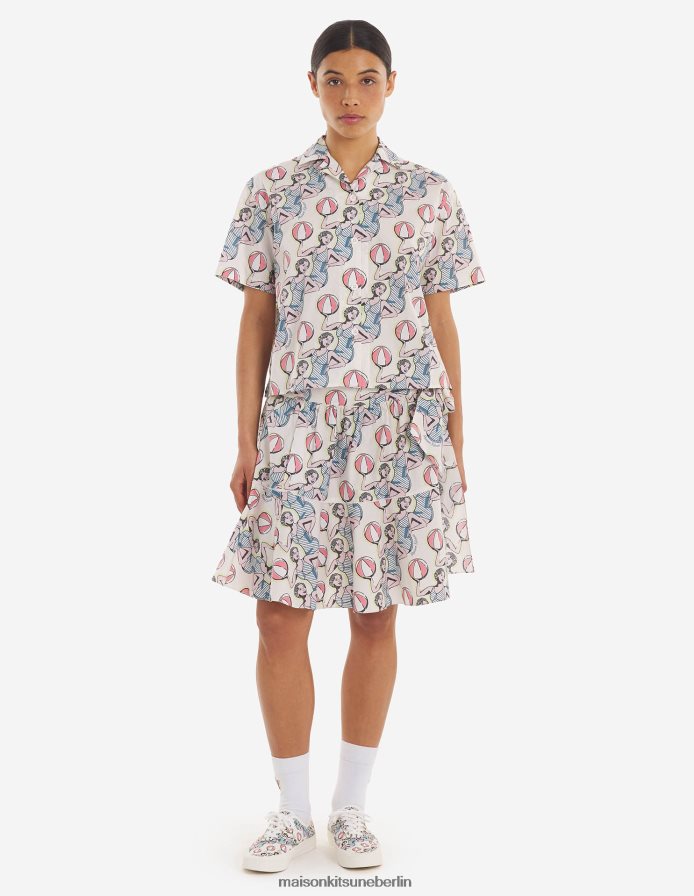 Kleidung V2DHL463 Multico-Design Frauen T-Shirt mit Flügelärmeln und Aufdruck „Tanzende Mädchen“. Maison Kitsune