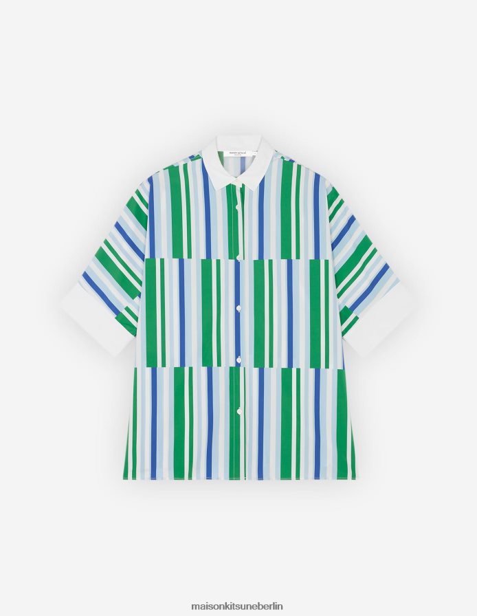 Kleidung V2DHL465 blaugrüne Streifen Frauen kastenförmiges Hemd Maison Kitsune