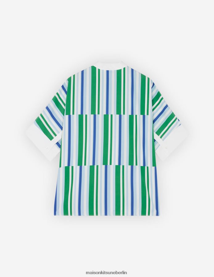 Kleidung V2DHL465 blaugrüne Streifen Frauen kastenförmiges Hemd Maison Kitsune