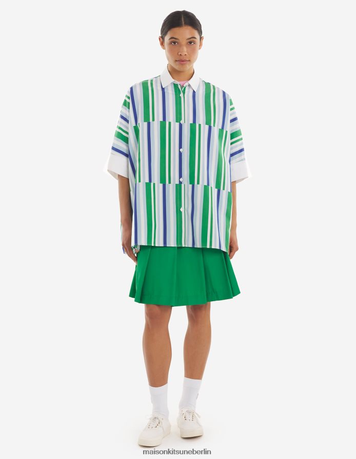 Kleidung V2DHL465 blaugrüne Streifen Frauen kastenförmiges Hemd Maison Kitsune