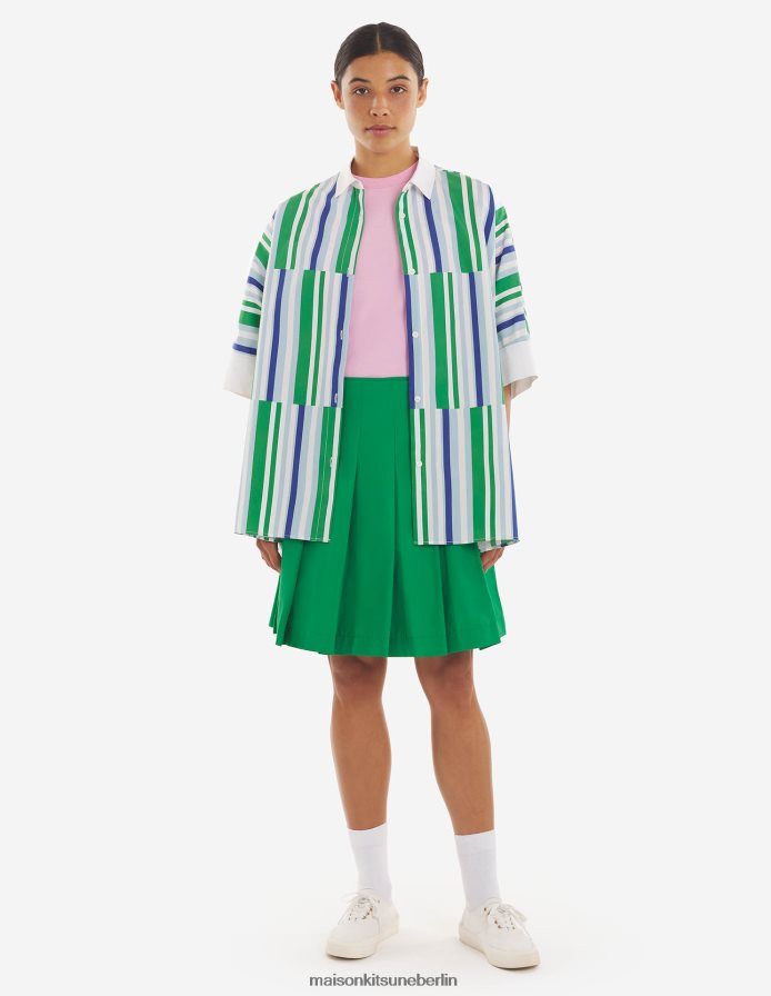 Kleidung V2DHL465 blaugrüne Streifen Frauen kastenförmiges Hemd Maison Kitsune