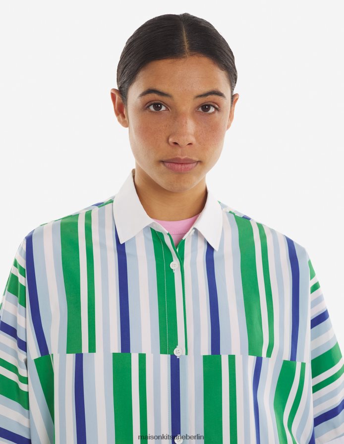 Kleidung V2DHL465 blaugrüne Streifen Frauen kastenförmiges Hemd Maison Kitsune