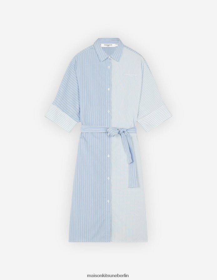 Kleidung V2DHL468 blaue Farbblockstreifen Frauen Kastenförmiges Hemdkleid Maison Kitsune