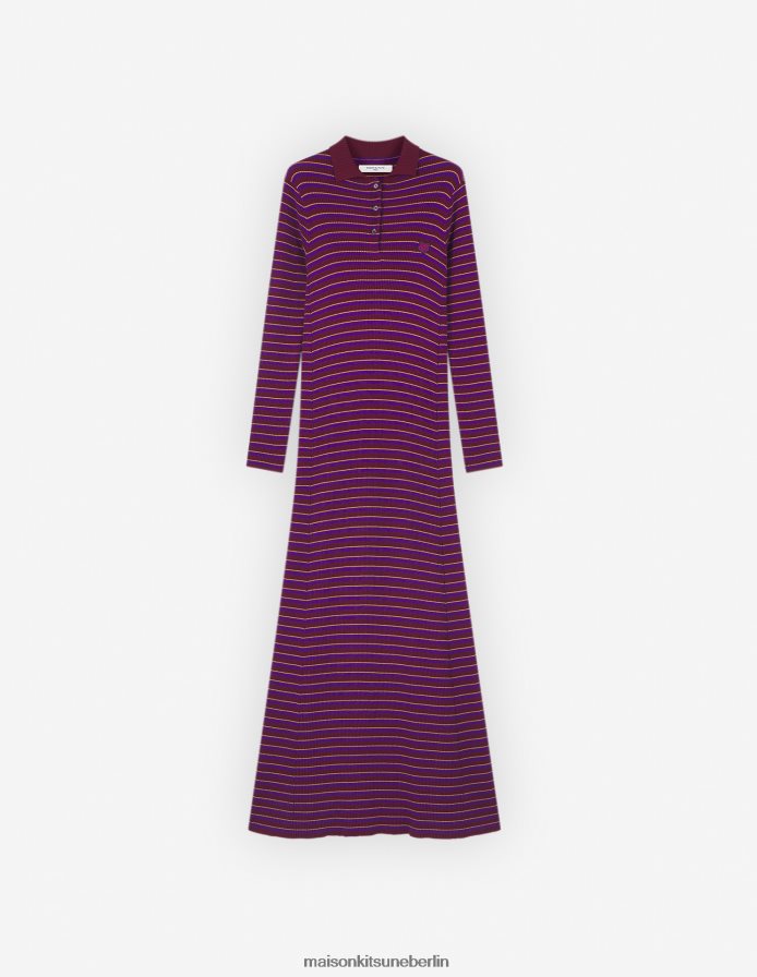 Kleidung V2DHL472 weiße Streifen Frauen Feinrippkleid mit farblich abgestimmtem Fuchskopfaufnäher und Streifen Maison Kitsune