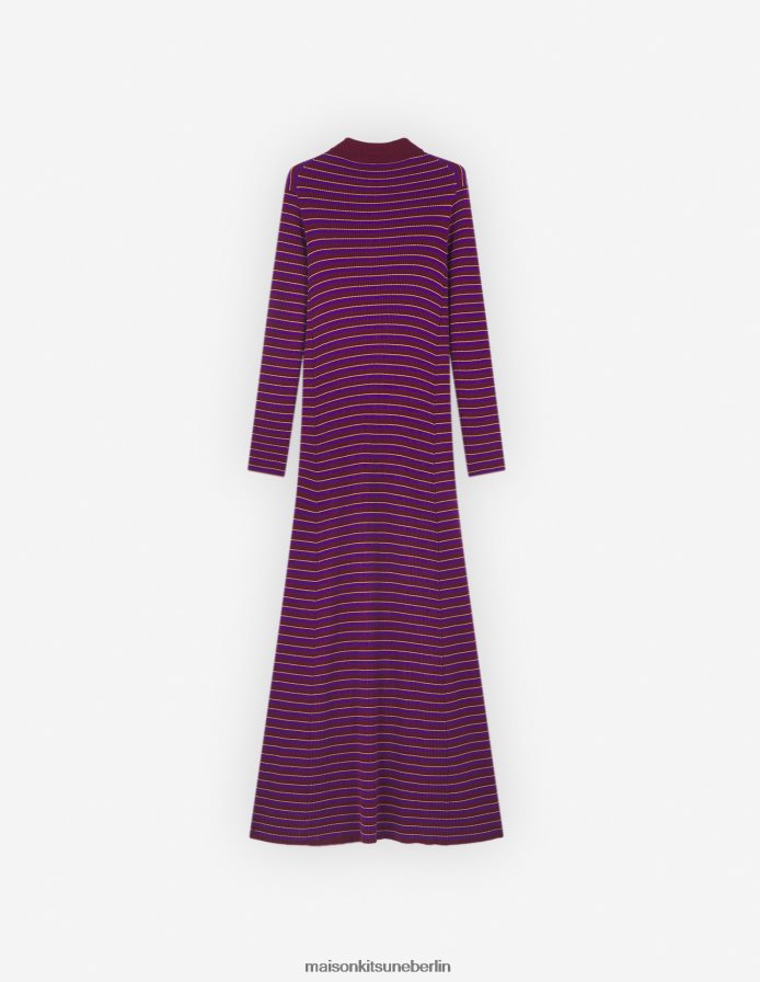 Kleidung V2DHL472 weiße Streifen Frauen Feinrippkleid mit farblich abgestimmtem Fuchskopfaufnäher und Streifen Maison Kitsune