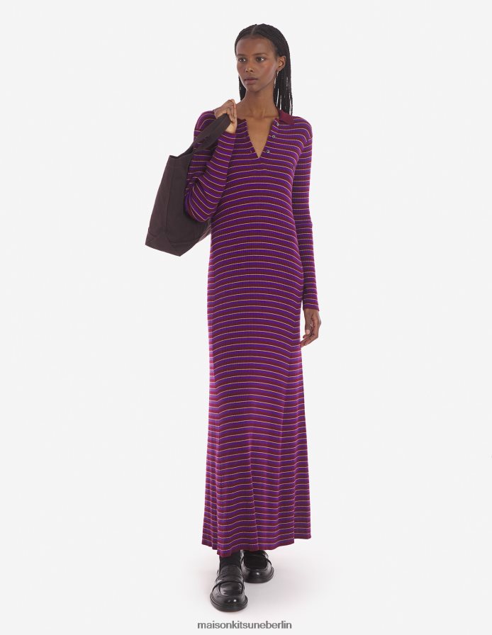 Kleidung V2DHL472 weiße Streifen Frauen Feinrippkleid mit farblich abgestimmtem Fuchskopfaufnäher und Streifen Maison Kitsune