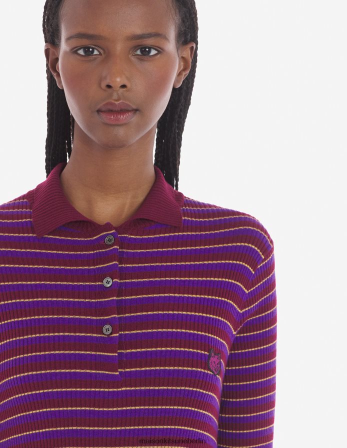 Kleidung V2DHL472 weiße Streifen Frauen Feinrippkleid mit farblich abgestimmtem Fuchskopfaufnäher und Streifen Maison Kitsune