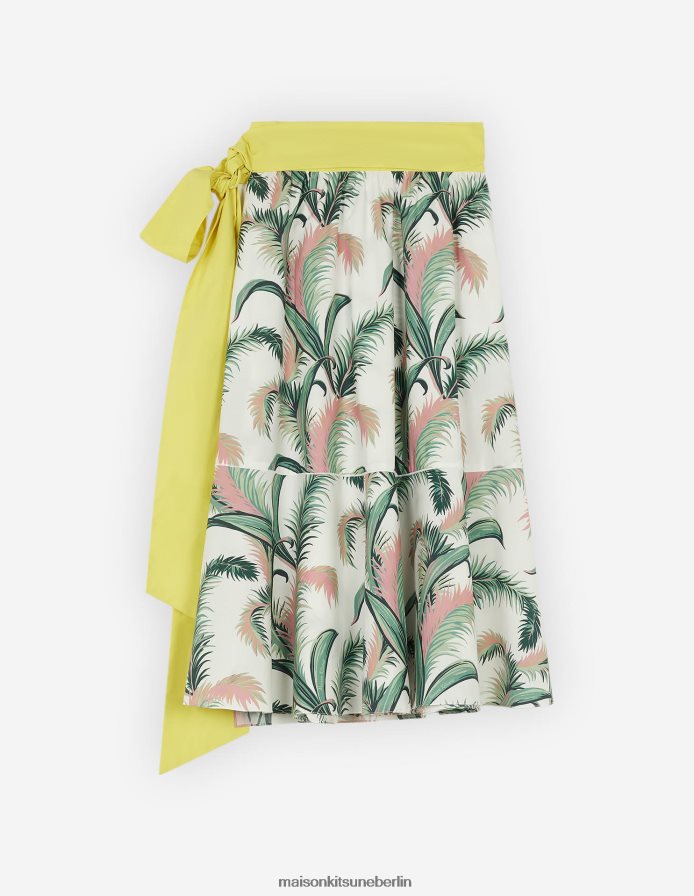 Kleidung V2DHL474 Multico-Design Frauen Wickel-Midirock mit Palmwedeln Maison Kitsune