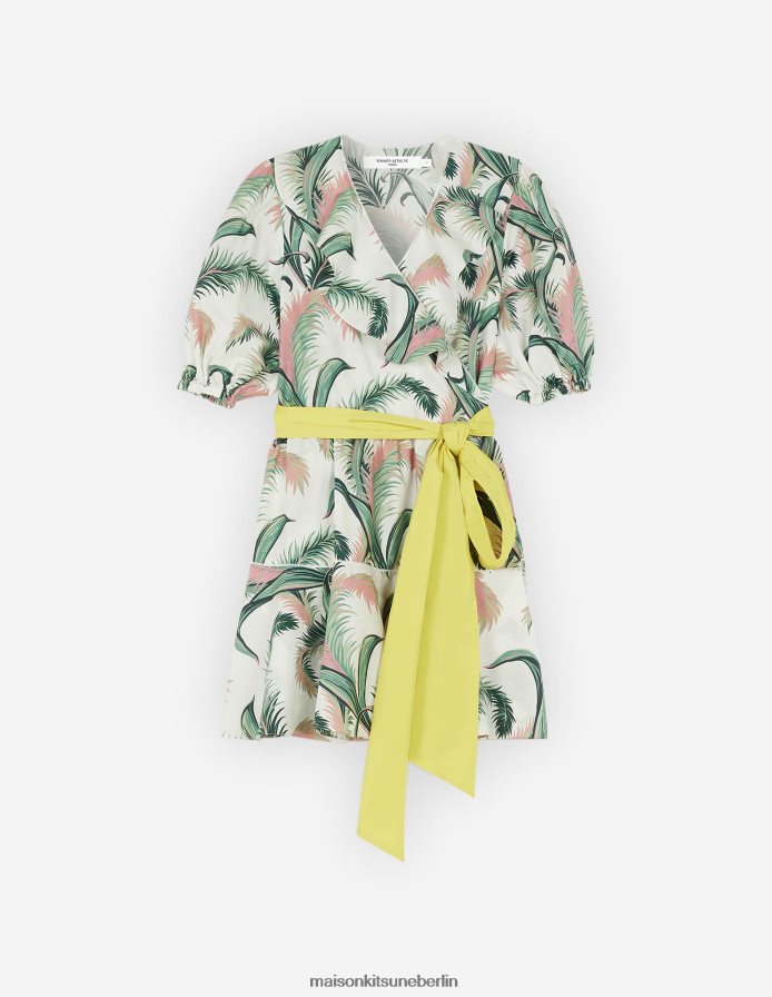Kleidung V2DHL476 Multico-Design Frauen Wickel-Minikleid mit Palmwedel-Print Maison Kitsune