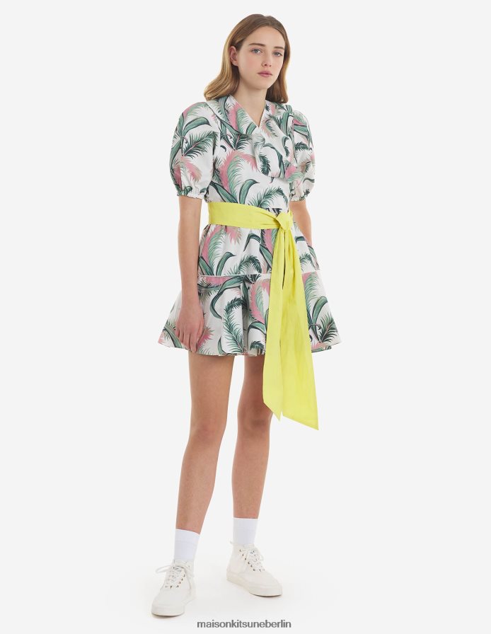 Kleidung V2DHL476 Multico-Design Frauen Wickel-Minikleid mit Palmwedel-Print Maison Kitsune