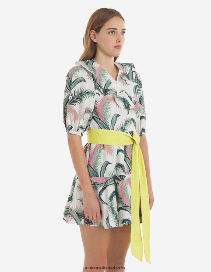 Kleidung V2DHL476 Multico-Design Frauen Wickel-Minikleid mit Palmwedel-Print Maison Kitsune