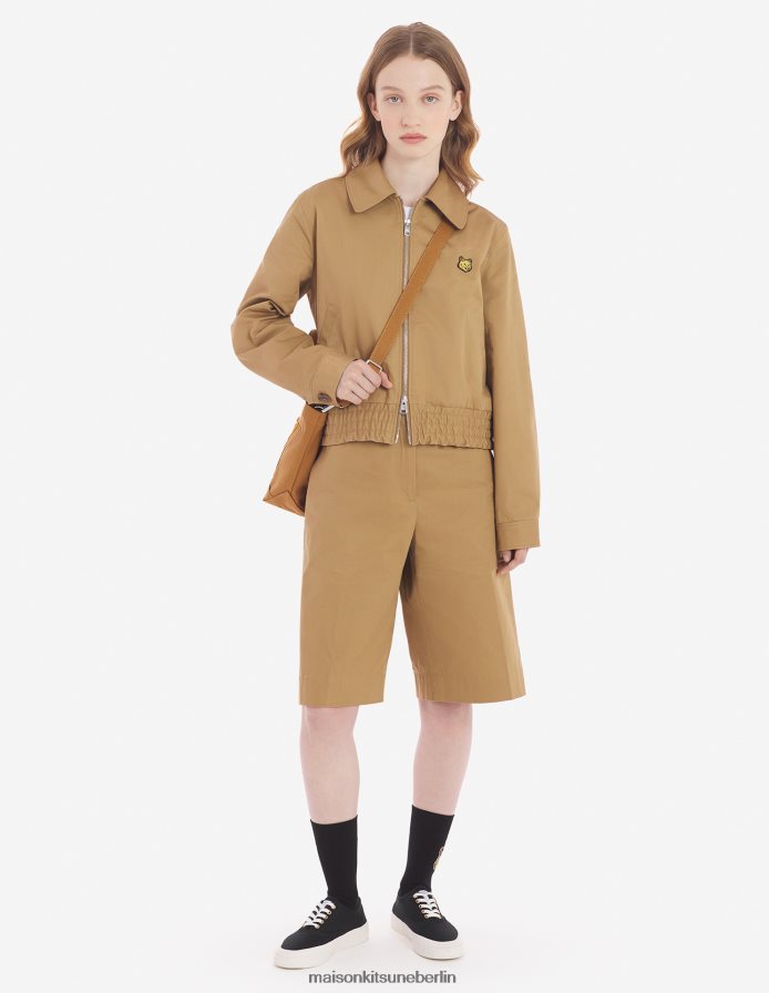 Kleidung V2DHL494 Beige Frauen Urbaner Blouson aus Baumwollgabardine mit auffälligem Fuchskopf-Aufnäher Maison Kitsune