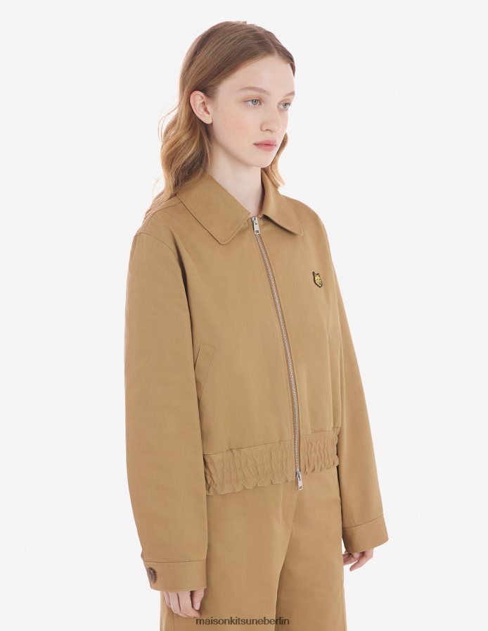 Kleidung V2DHL494 Beige Frauen Urbaner Blouson aus Baumwollgabardine mit auffälligem Fuchskopf-Aufnäher Maison Kitsune