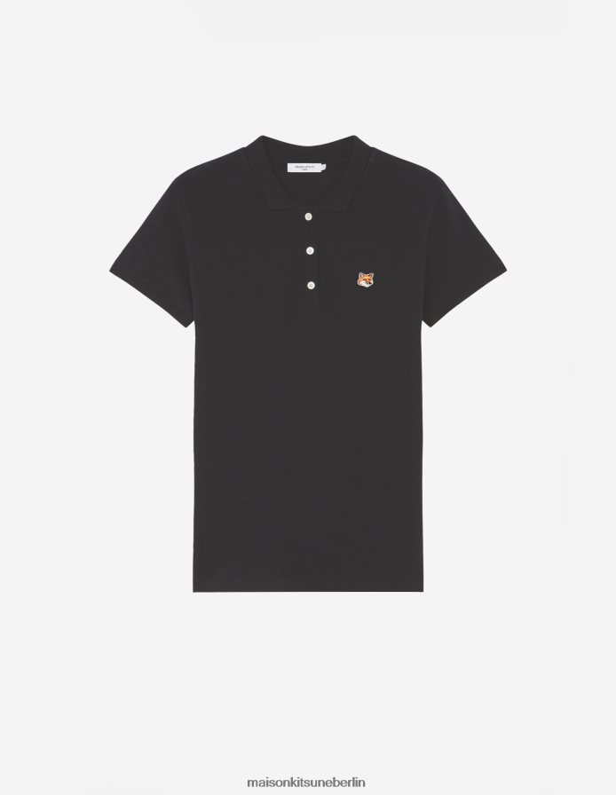 Kleidung V2DHL391 Schwarz Frauen Klassisches Poloshirt mit Fuchskopf-Patch Maison Kitsune