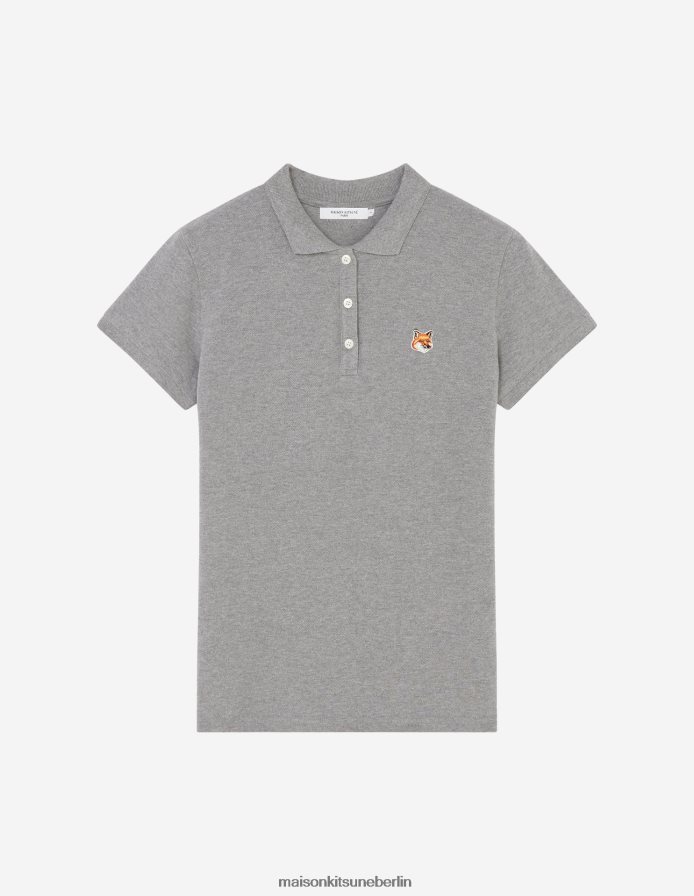 Kleidung V2DHL393 graue Melange Frauen Klassisches Poloshirt mit Fuchskopf-Patch Maison Kitsune