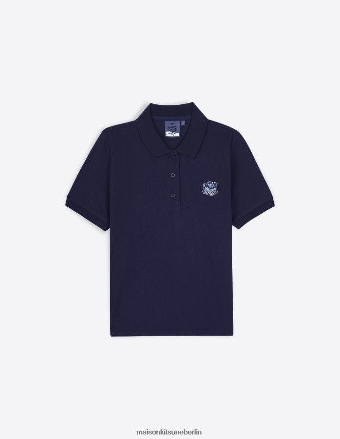 Kleidung V2DHL395 dunkles Marineblau Frauen Kurzarm-Poloshirt mit Fuchskopf Maison Kitsune