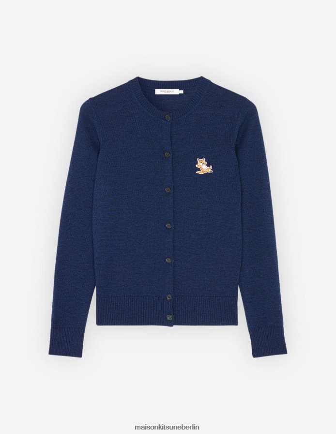 Kleidung V2DHL425 marineblau meliert Frauen Chillax Fox Patch angepasster R-Ausschnitt-Cardigan Maison Kitsune