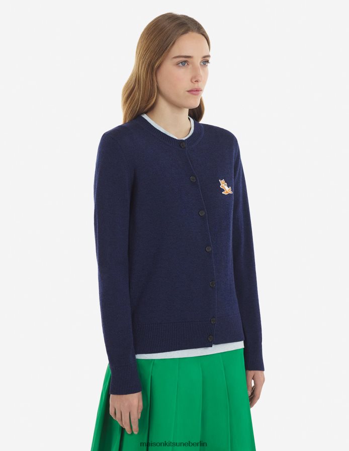 Kleidung V2DHL425 marineblau meliert Frauen Chillax Fox Patch angepasster R-Ausschnitt-Cardigan Maison Kitsune