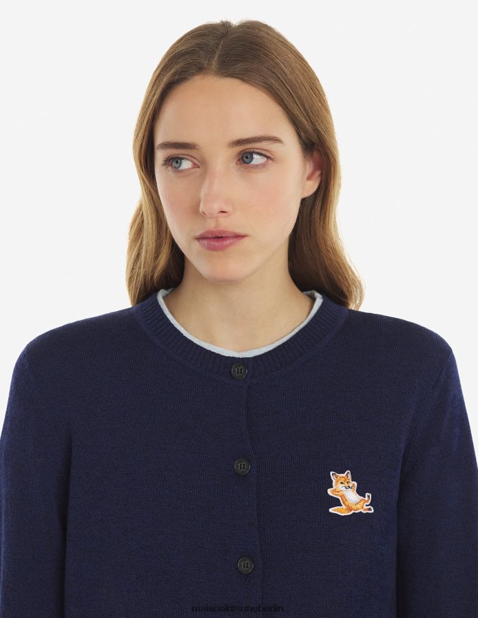 Kleidung V2DHL425 marineblau meliert Frauen Chillax Fox Patch angepasster R-Ausschnitt-Cardigan Maison Kitsune
