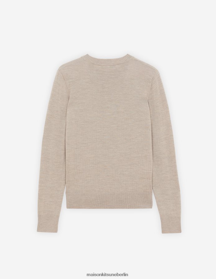 Kleidung V2DHL426 Beige-Melange Frauen Strickjacke mit Fuchskopf-Patch und angepasstem R-Ausschnitt Maison Kitsune