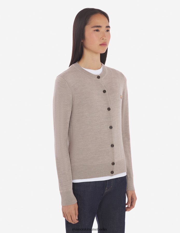 Kleidung V2DHL426 Beige-Melange Frauen Strickjacke mit Fuchskopf-Patch und angepasstem R-Ausschnitt Maison Kitsune