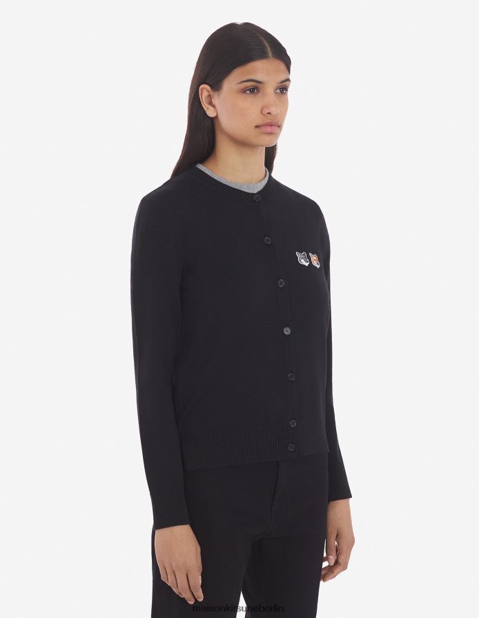 Kleidung V2DHL427 Schwarz Frauen Strickjacke mit doppeltem Fuchskopf-Patch und R-Ausschnitt Maison Kitsune