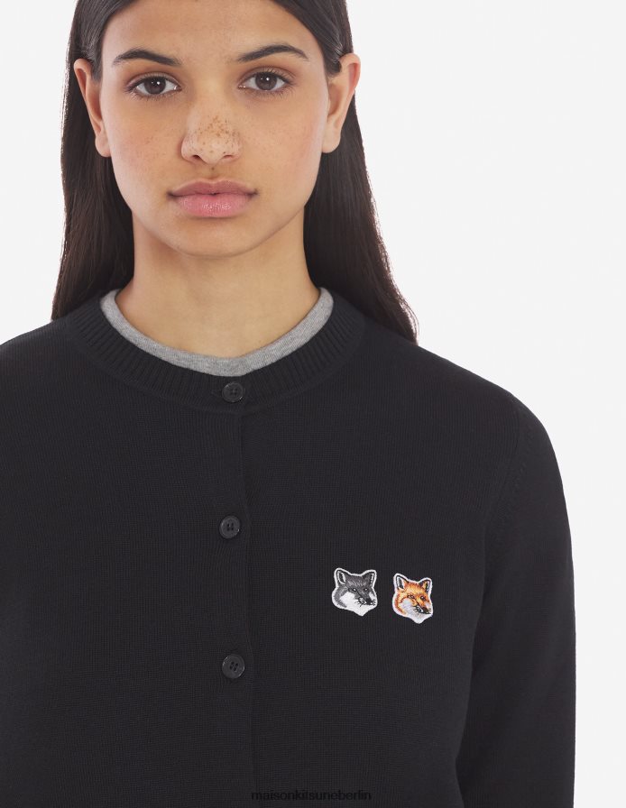 Kleidung V2DHL427 Schwarz Frauen Strickjacke mit doppeltem Fuchskopf-Patch und R-Ausschnitt Maison Kitsune