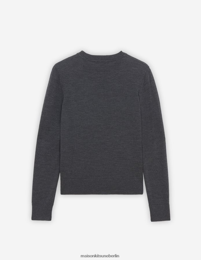 Kleidung V2DHL428 Anthrazit-Melange Frauen Strickjacke mit Fuchskopf-Patch und angepasstem R-Ausschnitt Maison Kitsune