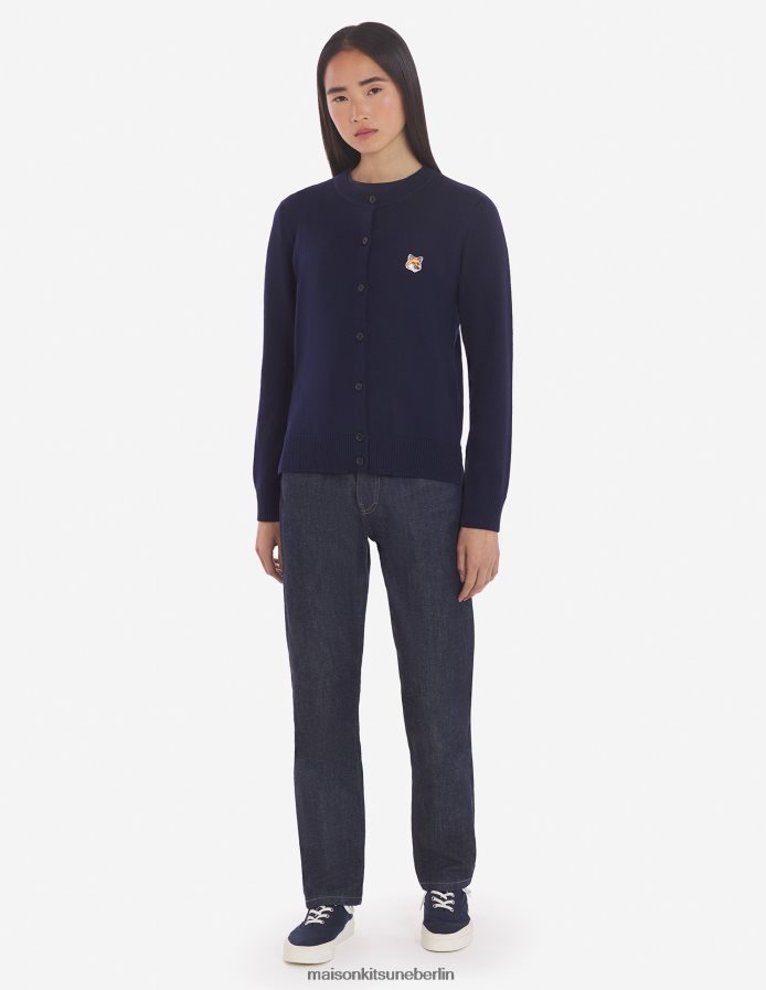 Kleidung V2DHL428 Anthrazit-Melange Frauen Strickjacke mit Fuchskopf-Patch und angepasstem R-Ausschnitt Maison Kitsune