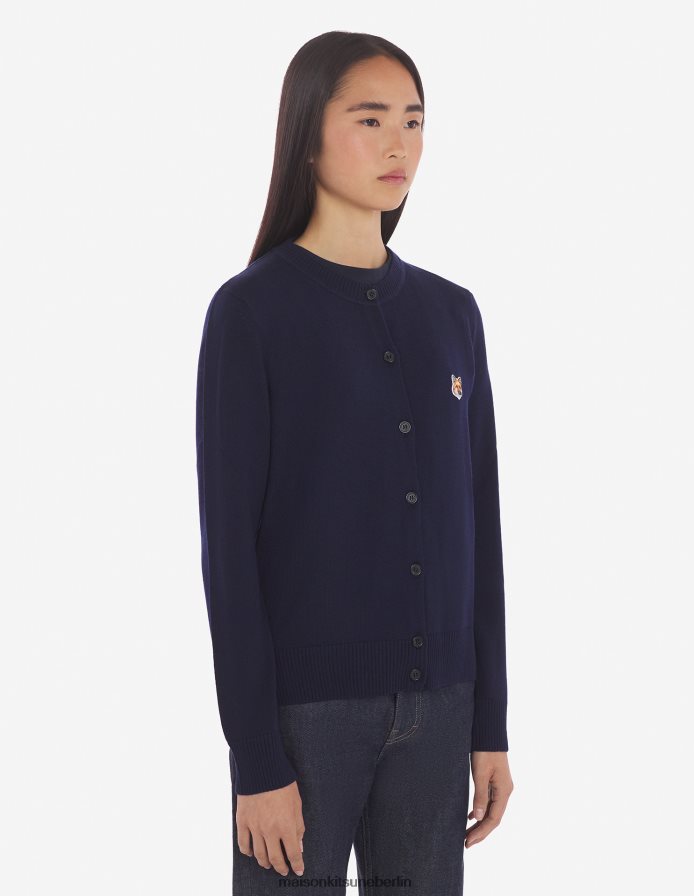 Kleidung V2DHL428 Anthrazit-Melange Frauen Strickjacke mit Fuchskopf-Patch und angepasstem R-Ausschnitt Maison Kitsune