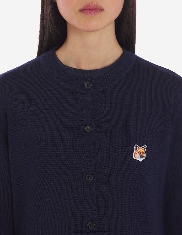 Kleidung V2DHL428 Anthrazit-Melange Frauen Strickjacke mit Fuchskopf-Patch und angepasstem R-Ausschnitt Maison Kitsune