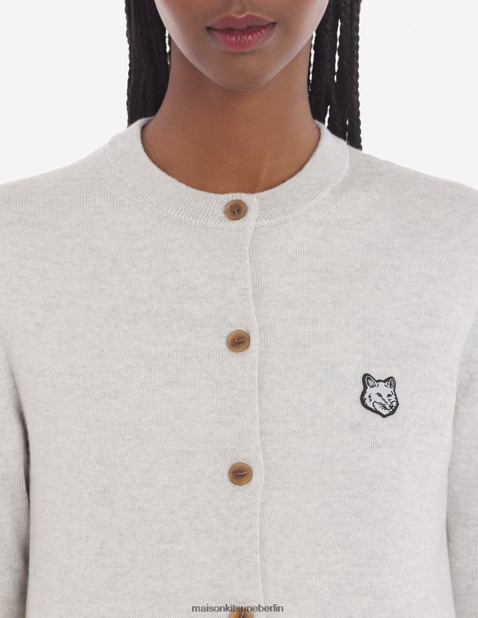 Kleidung V2DHL432 hellgrau meliert Frauen Normaler Cardigan mit auffälligem Fuchskopf-Patch Maison Kitsune