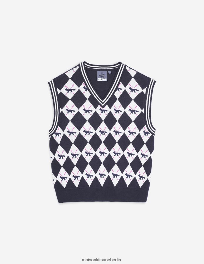 Kleidung V2DHL433 dunkles Marineblau Frauen Profilfuchs-Argyle-Weste Maison Kitsune