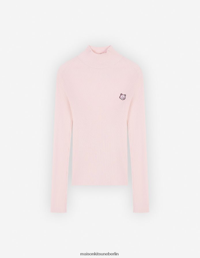 Kleidung V2DHL434 blasses Rosa Frauen Feingerippter Rollkragenpullover mit auffälligem Fuchskopf-Patch Maison Kitsune