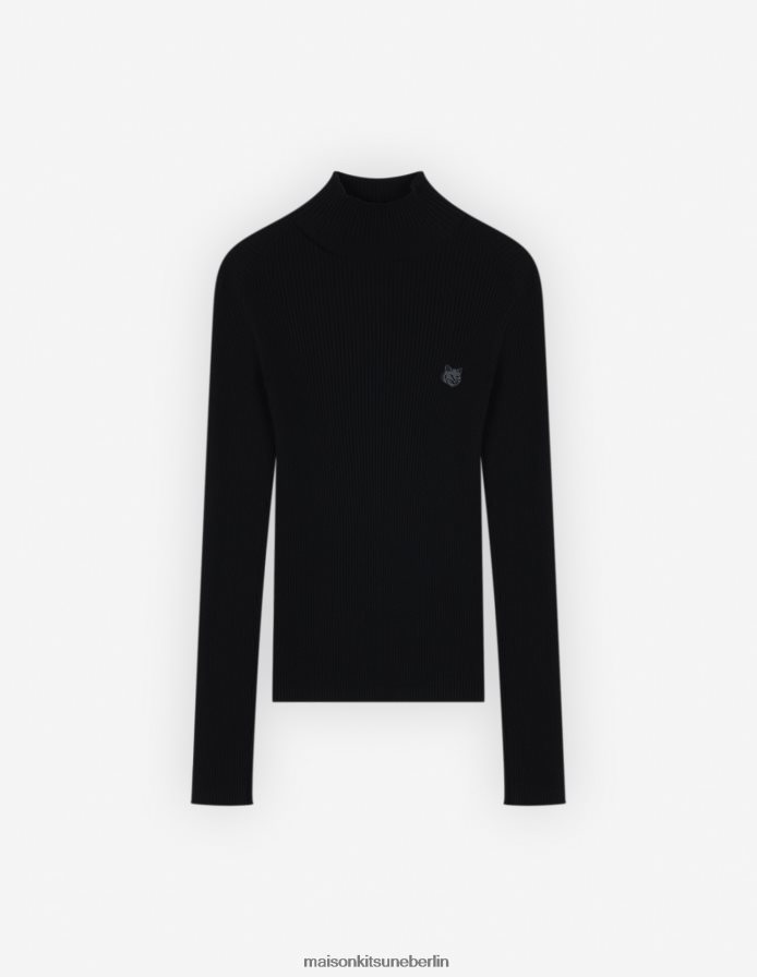 Kleidung V2DHL435 Schwarz Frauen Feingerippter Rollkragenpullover mit auffälligem Fuchskopf-Patch Maison Kitsune