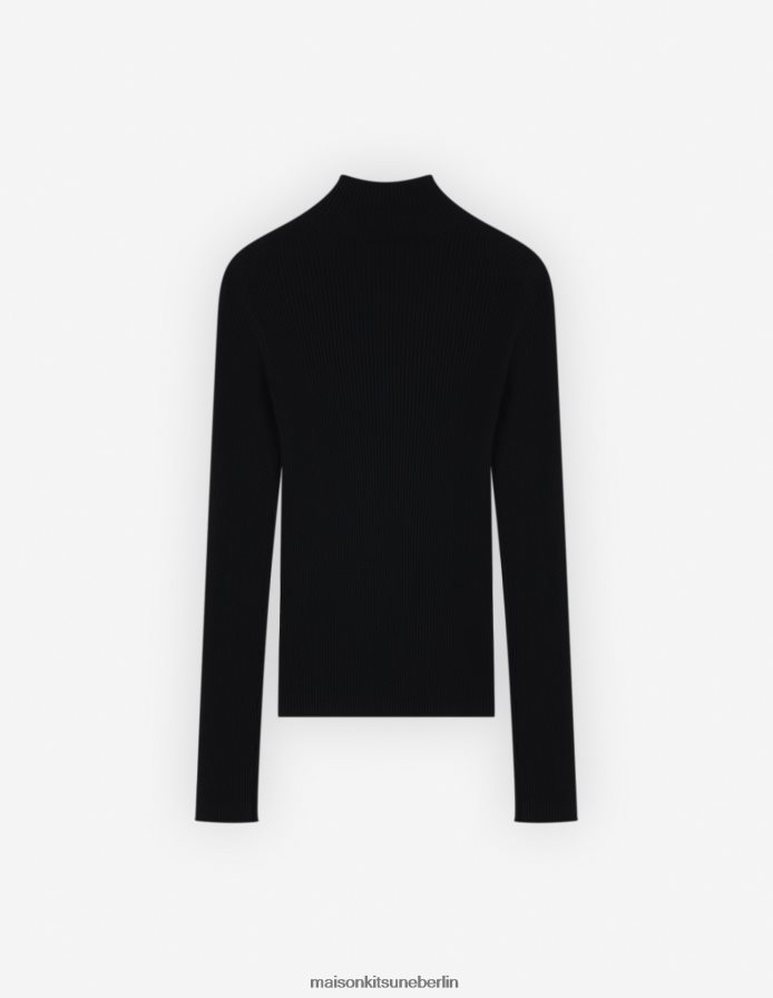 Kleidung V2DHL435 Schwarz Frauen Feingerippter Rollkragenpullover mit auffälligem Fuchskopf-Patch Maison Kitsune