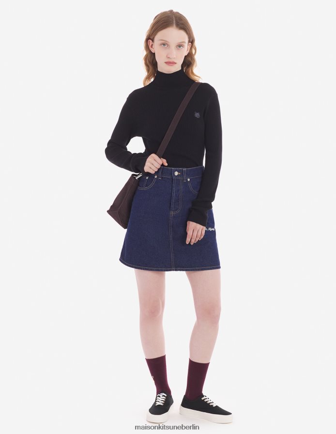 Kleidung V2DHL435 Schwarz Frauen Feingerippter Rollkragenpullover mit auffälligem Fuchskopf-Patch Maison Kitsune