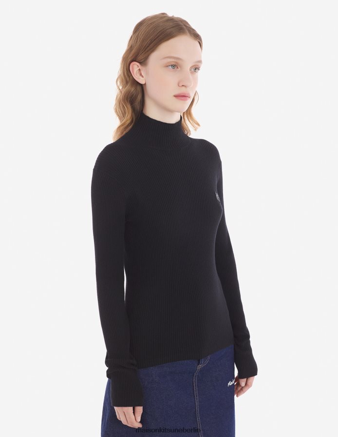 Kleidung V2DHL435 Schwarz Frauen Feingerippter Rollkragenpullover mit auffälligem Fuchskopf-Patch Maison Kitsune