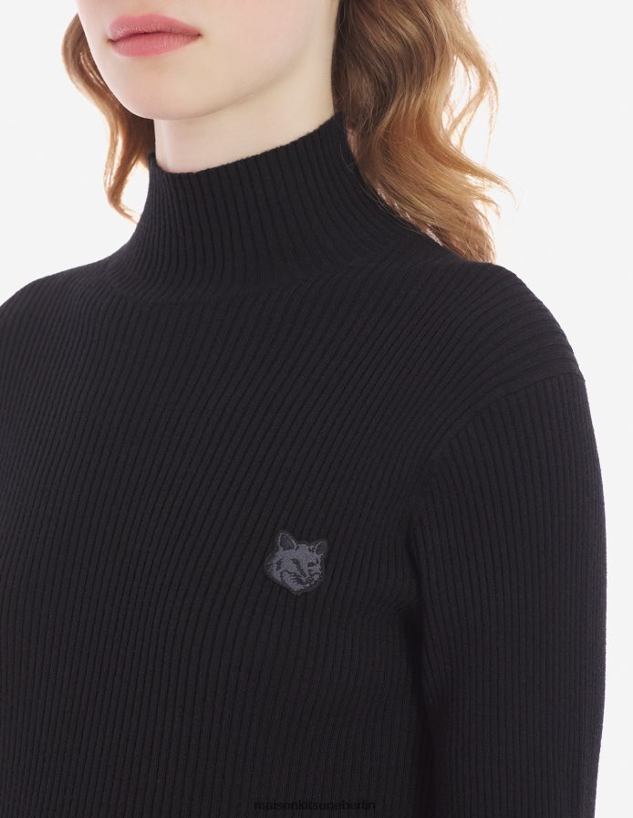 Kleidung V2DHL435 Schwarz Frauen Feingerippter Rollkragenpullover mit auffälligem Fuchskopf-Patch Maison Kitsune