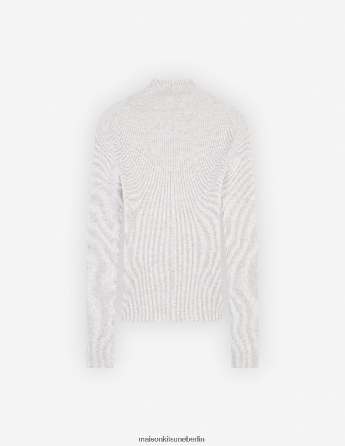 Kleidung V2DHL436 hellgrau meliert Frauen Feingerippter Rollkragenpullover mit auffälligem Fuchskopf-Patch Maison Kitsune