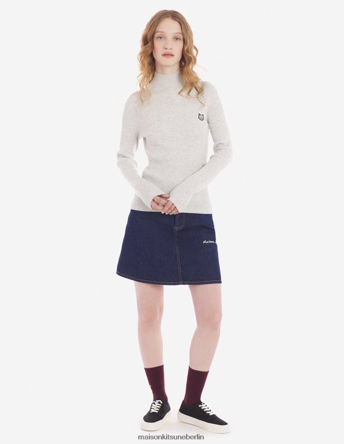 Kleidung V2DHL436 hellgrau meliert Frauen Feingerippter Rollkragenpullover mit auffälligem Fuchskopf-Patch Maison Kitsune