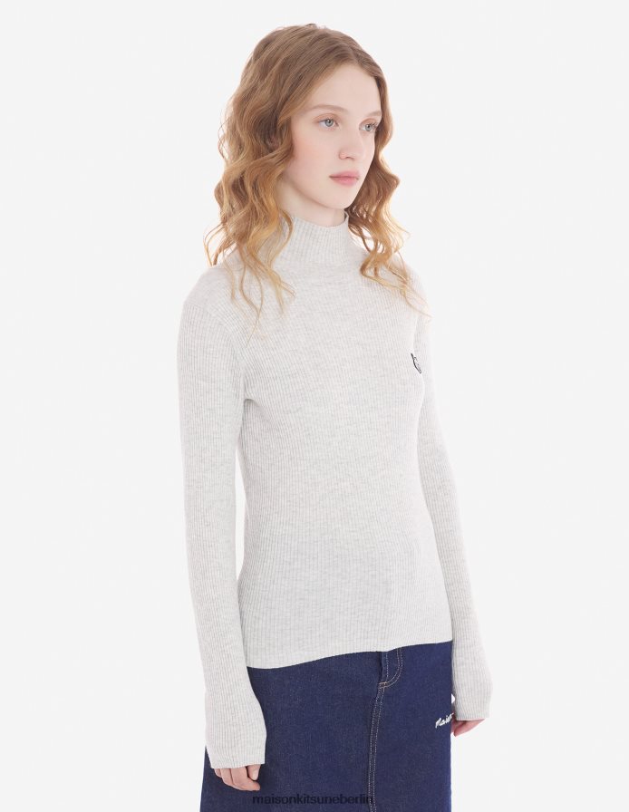 Kleidung V2DHL436 hellgrau meliert Frauen Feingerippter Rollkragenpullover mit auffälligem Fuchskopf-Patch Maison Kitsune