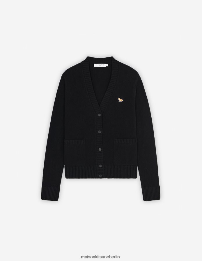 Kleidung V2DHL439 Schwarz Frauen Kastenförmiger Cardigan mit Baby-Fuchs-Patch Maison Kitsune