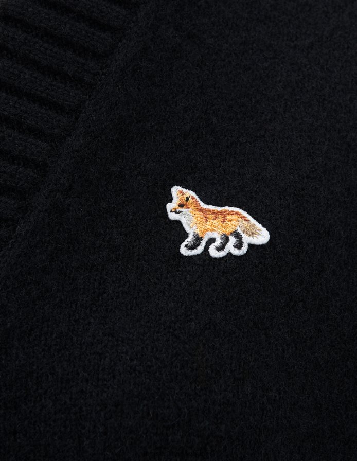Kleidung V2DHL439 Schwarz Frauen Kastenförmiger Cardigan mit Baby-Fuchs-Patch Maison Kitsune