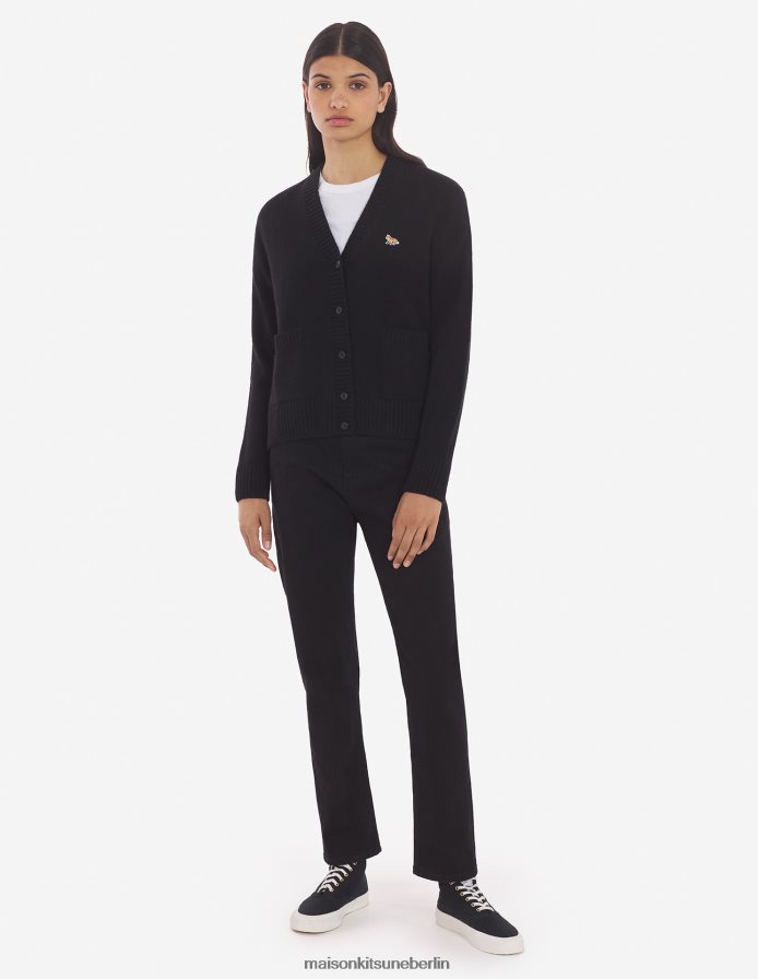 Kleidung V2DHL439 Schwarz Frauen Kastenförmiger Cardigan mit Baby-Fuchs-Patch Maison Kitsune