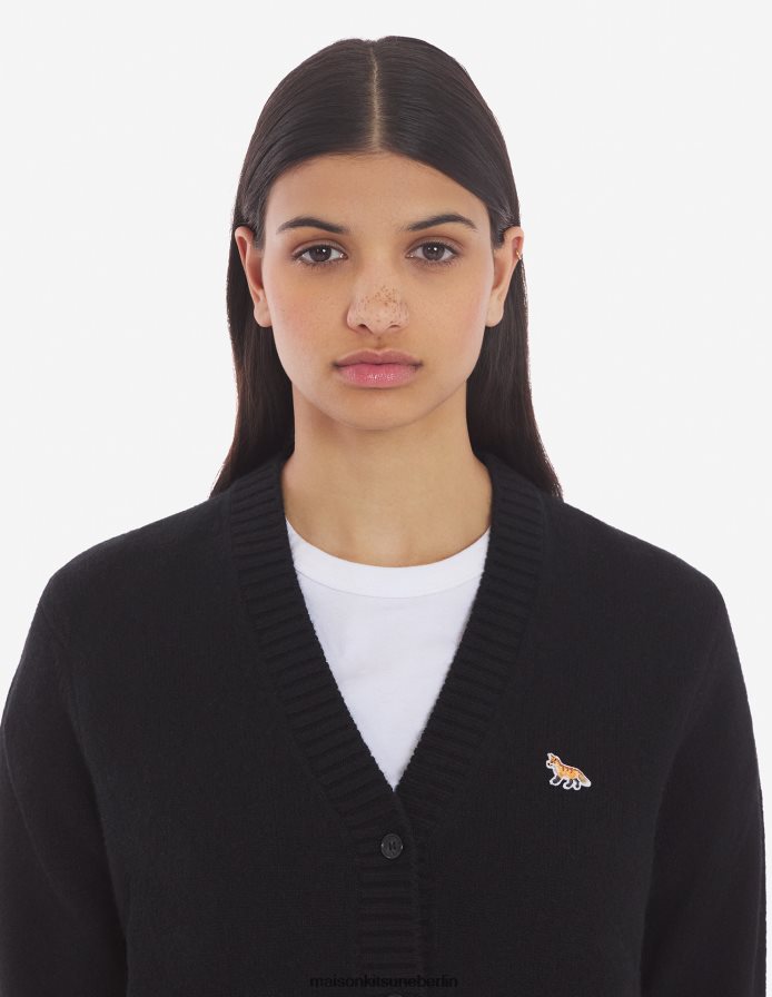 Kleidung V2DHL439 Schwarz Frauen Kastenförmiger Cardigan mit Baby-Fuchs-Patch Maison Kitsune
