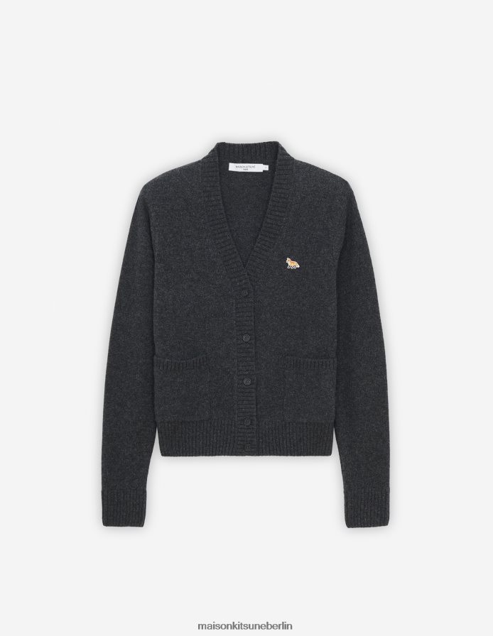 Kleidung V2DHL440 dunkelgrau meliert Frauen Kastenförmiger Cardigan mit Baby-Fuchs-Patch Maison Kitsune